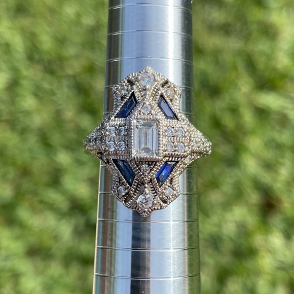 Ross Simons Art Deco 925 Sterling Silver Blue and Clear Cubic Zirconia 9.75 Ring - Picture 12 of 12